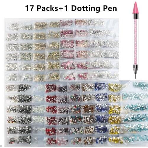 CHNRMJL 17Colors/Set SS/4/6/8/10/12/16 Flatback Nail Crystal Rhinestone Gold AB class Studs+1Dotting Pen DIY Nails Manicure Tool