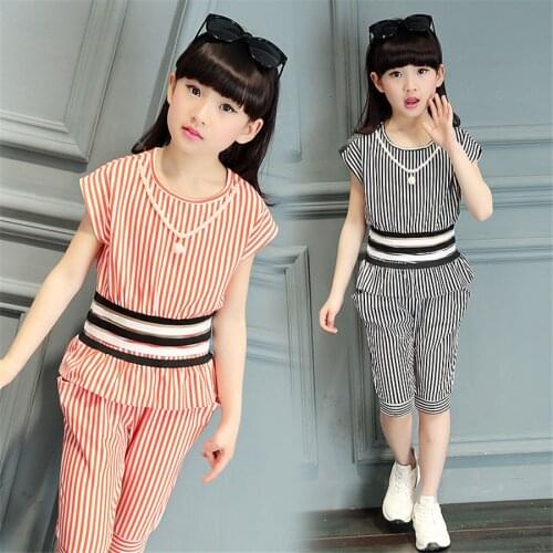 Children Summer Clothes Blouse + Pants 2PCS Costume For Girls Casual Style stripe Tracksuit Girl Teenage Childrens Tracksuits