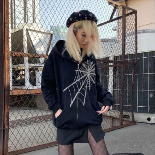 E-girl Gothic Rhinestone Spider Web Hot Rhinestone Jackets Zipper Hoodies Couple Trend Harajuku Punk Oversized Womens Outerwear