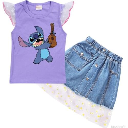 Stitch Fashion Casual Summer Hot Sale Boys and Girls Childrens Short Flying Sleeve Cartoon T-shirt Top + dress 2pcs Set