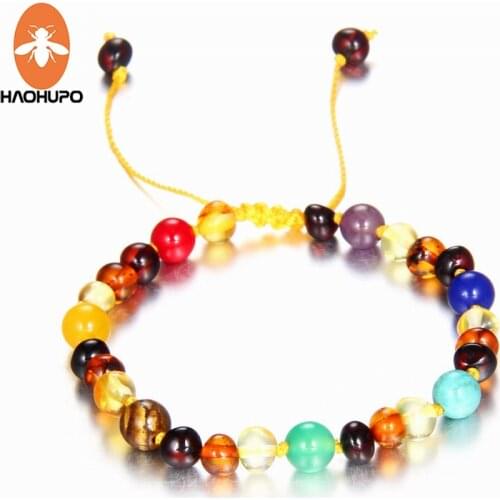 HAOHUPO Amber Adjustable Bracelets Handmade Genuine Amber Beads Bracelet Original Fine Jewelry 7 Chakra Stones for Baby Adult