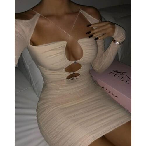 KGFIGU 2021 Holiday Tight Beautiful Dresses Fitness Bandage Hollow Out Halter Bodycon Good Quality Women Outfits Wholesale