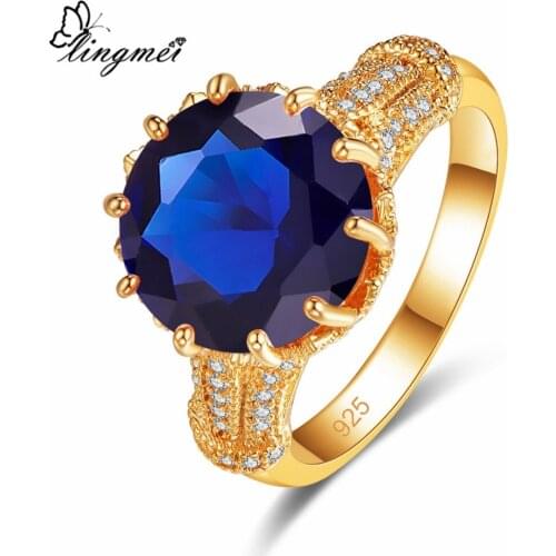 Lingmei Wholesale Wedding Band Round Cut Blue Pink White Cubic Zircon Silver ColorYellow goldplated JewelryRing Size 6 7 8 9