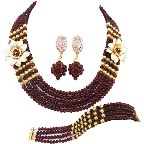 Fashion Brown Crystal Beaded Multi Strands Necklaces Sets Nigerian Wedding African Beads Jewelry Set 5-XSH04