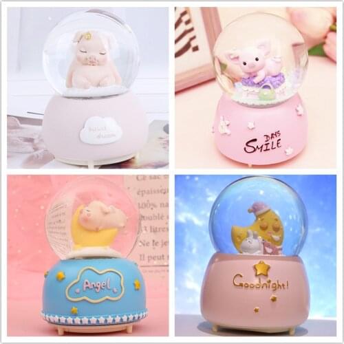 Crystal Ball Music Box Star Pig Girls Birthady Gifts Rainbow Glowing Snowflakes Music Box Home Decoration Desktop Ornament