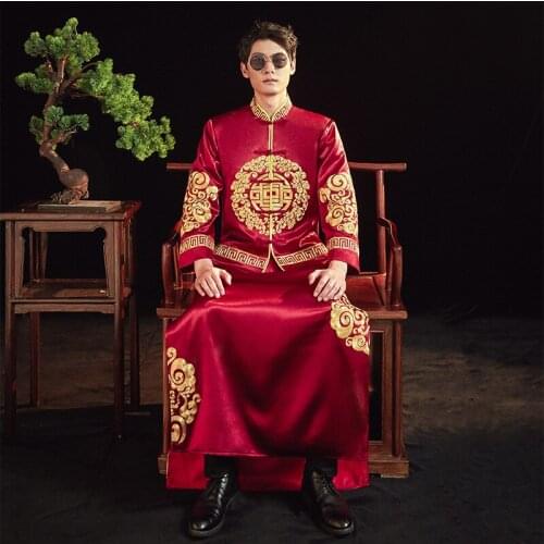 New Style Men Costume Embroidery Marriage Set Oriental Tang Suit Wedding Bridegroom Clothing Chinese Toast Clothing