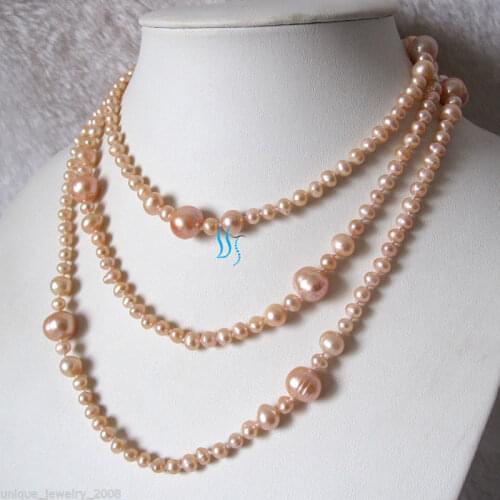 52" 4-10mm Peach Pink Graduated Freshwater Pearl Necklack Strand Jewelry