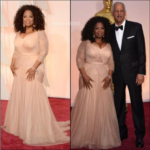 Oprah Winfrey Oscar Celebrity Dresses Plus Size V-neck Sheath tulle with sleeves Sweep Train Draped Mothes Evening Dresses