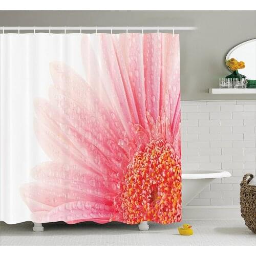 Pink and White Shower Curtain Close up Picture of a Gerbera Daisy with Water Drops on Its Petals Waterproof Bath Curtains