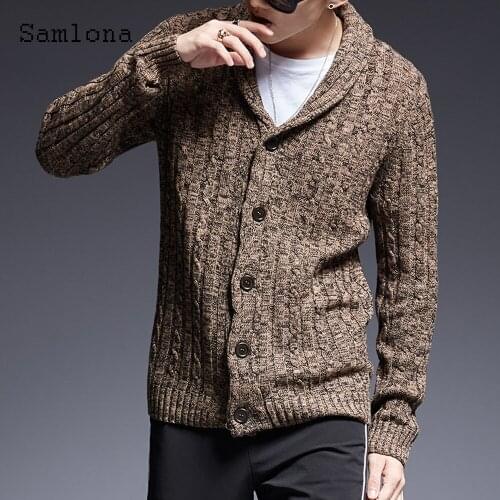 Samlona Plus Size Men Knitted Sweater Autumn Long Sleeve Top Cardigans Sweater Coffee Ruched Sweaters Sexy Mens Clothing 2021