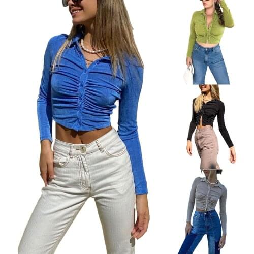 Women Close-fitting Solid Color Shirt, Turn-down Collar Tops Ladies, Blue/ Black/ Green/ Grey