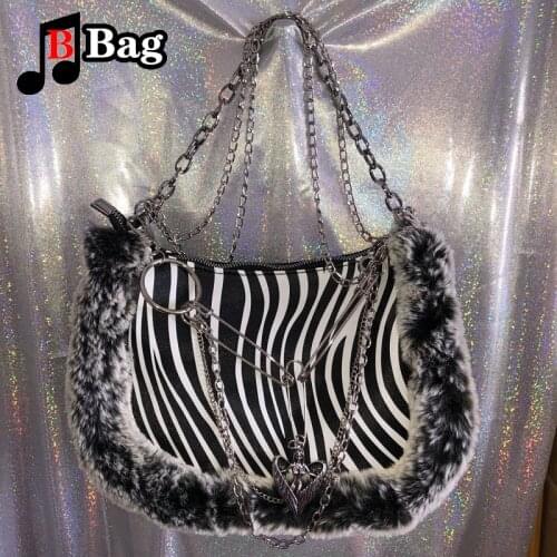 Womens Versatile shoulder bag Girl Punk Gothic Metal chain underarm Bag Zebra pattern Plush messenger bag female handbag Satchel