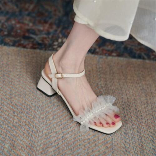 PXELENA NEW Korean Noble Mesh Pleated String Beads Women Wedding Sandals 2021 Summer Plus Size 34-43 Med Heels Bride Shoes Beige
