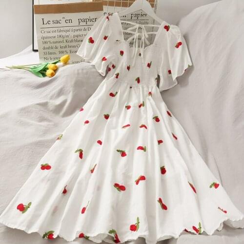 2021 Summer Women Embroidery White Dress Short Sleeve Pineapple Strawberry Embroidered Tunic Beach Dress