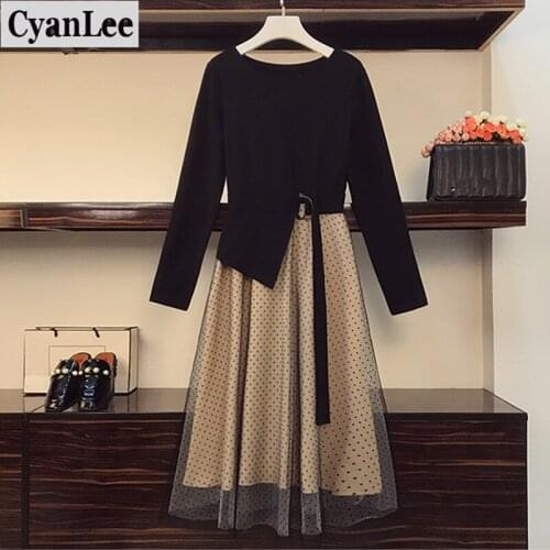 Cyanlee Autumn New Fake Two-piece Mesh Stitching Dress Women Elegant O-neck Long Sleeve Lace Up Dot Print OL Casual Mid Dress
