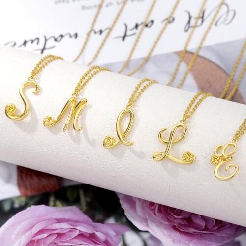 Gold Flower Initial Letter Choker Necklace For Women Stainless Steel Alphabet Pendant Necklaces Collares Chain Jewelry Bijoux