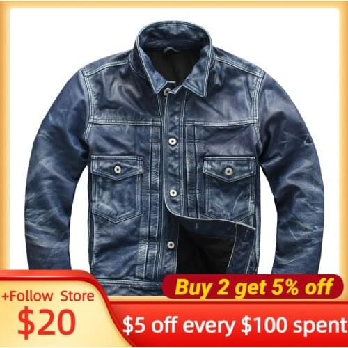 2021 Vintage Blue Japan Style Genuine Leather Jacket Men Single Breasted Plus Size 3XL Real Natural Cowhide Autumn Short Coat