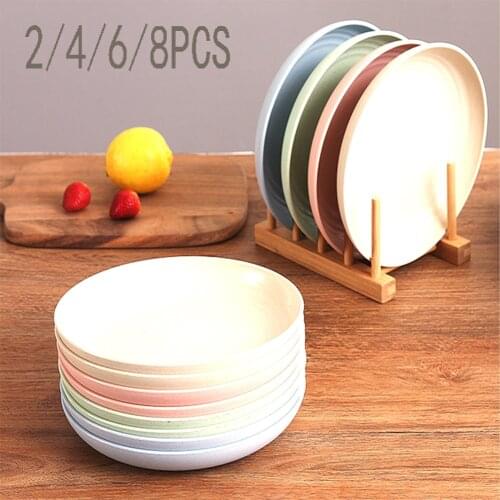 8PCS Eco-friendly Food Snack Dish Plate Wheat Straw Lunch Dinner Dessert Fruit Plate Tray Tableware 20cm Serving Plates
