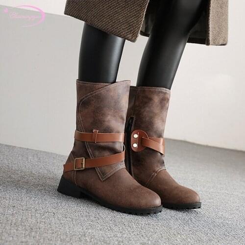 Casual style round head mid calf boots belt buckle color matching red black brown medium with motorcycle boots womens shoes