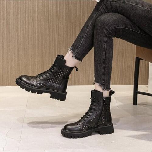 Summer Womens Genuine Leather Boots England Trendy Hollow Breathable Motorcycle Boots Ankle Boots Round Toe High Top Woman Shoes