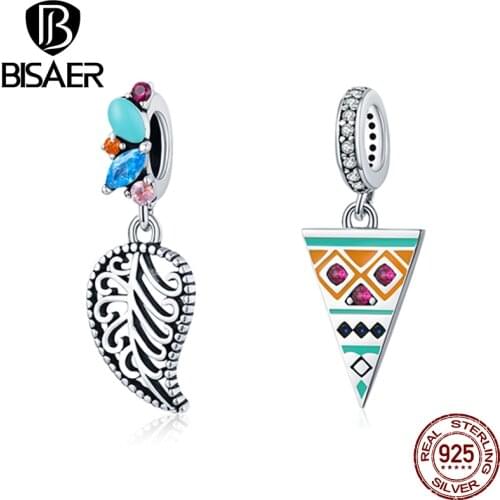 BISAER New 100% 925 Sterling Silver Zircon Fun triangle Leaf Charm Beads fit Women Bracelet DIY Beads Fine Jewelry Gift EFC454