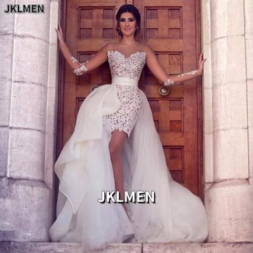 Elegant Lace of 2 In 1 Mermaid Wedding Dresses Beach with Detachable Skirt Long Sleeve Bride Dress