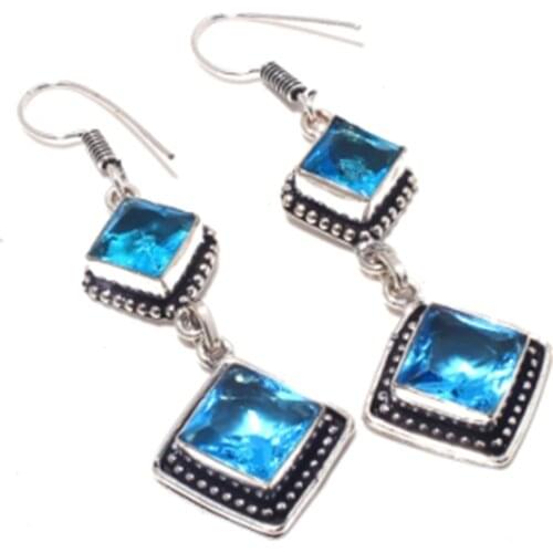 Blue Topas Earrings Silver Overlay over Copper , 62mm, E4042
