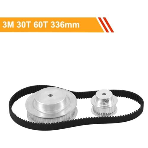 HTD3M Synchronous Pulley Wheel Set 30T 60T Reduction 1:2 3M-336mm Rubber Gear Belt 100mm Center Distance Tooth Belt Pulley Kit