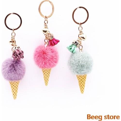 Tassel Ice cream keychain fashion pom pom key ring for women girls car Key chain cute plush ball bag pendant charm ring fashion