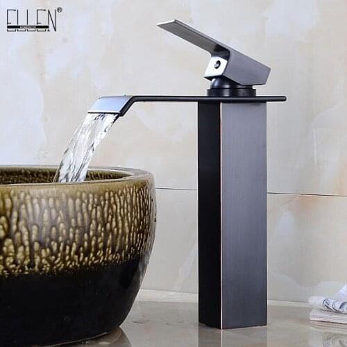 Square Tall Bathroom Faucet Deck Mounted Waterfall Hot Cold Water Crane Single Hole Chrome Single Handle Faucets ELF504