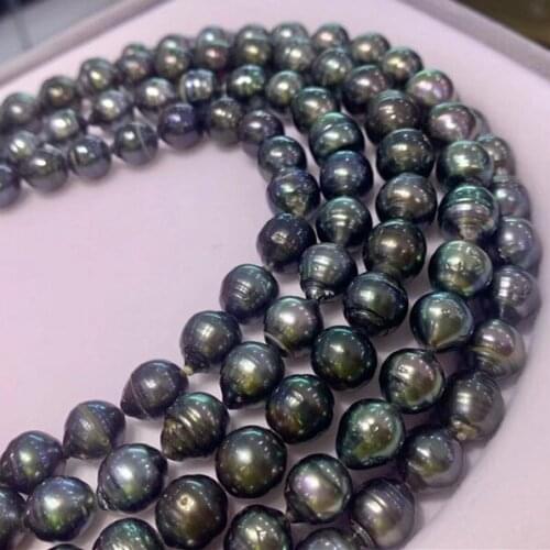 HOT CHEAP 8-11mm Big Size Natural Real Baroque Southsea Black Pearl Necklace Real Tahiti Pearl Strand String 38cm Long