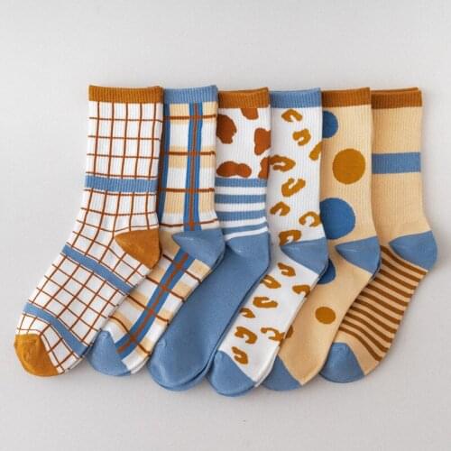 Cotton Socks Color Matching Ins Blue Striped Plaid Tide Socks Women Socks Harajuku Accessories Socks Woman Sox Colorful Socks