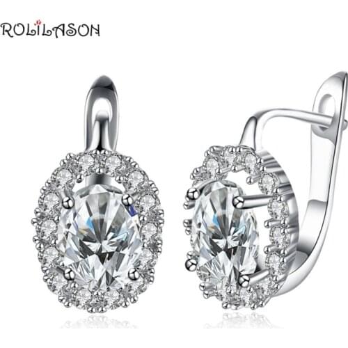 ROLILASON new White zirconia silver Oval clip earrings for women gift JE1166