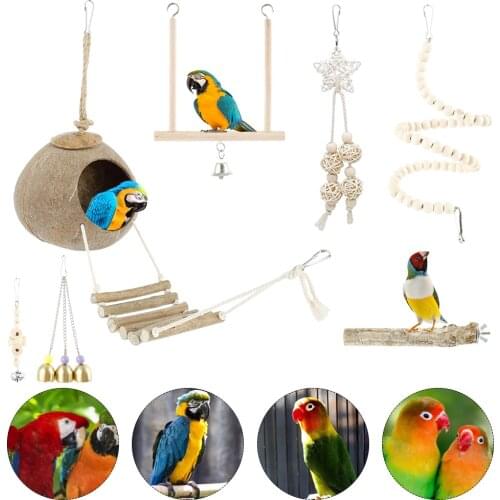 New Parrot Natural Coconut Shell Bird Nest House Pet Parrot Hut Cage Hanging Toy Bells Wooden Bridge Ornament Decoration