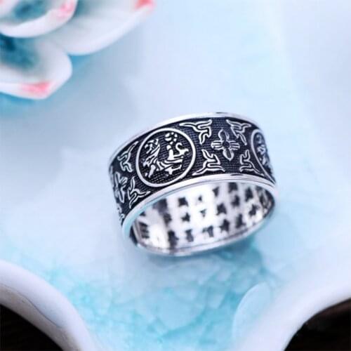 Real S999 Sterling Silver Retro Beast White Tiger Inscribed Opening Ring Exquisite CommemorativeParty Jewelry