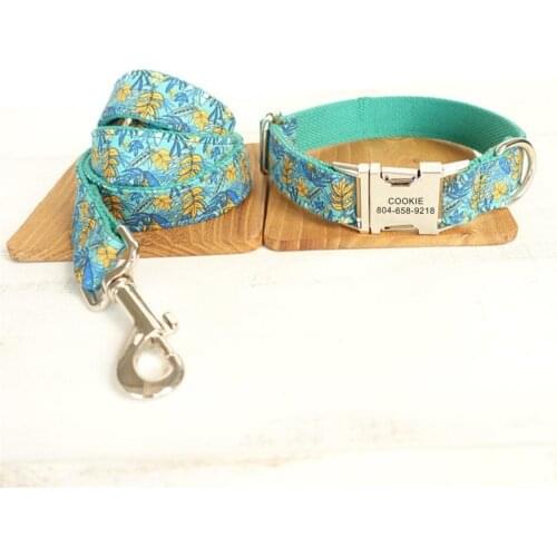 Personalized Pet Collar Customized Nameplate ID Tag Adjustable Green Flowers Cat Dog Collars Lead Leash Set