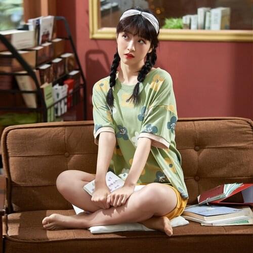 Pajamas Set For Women Korean Kawaii Avocado Green Cotton Floral Sleepwear Spring Summer Short Sleeve Homewear Cute Maiden Pajama