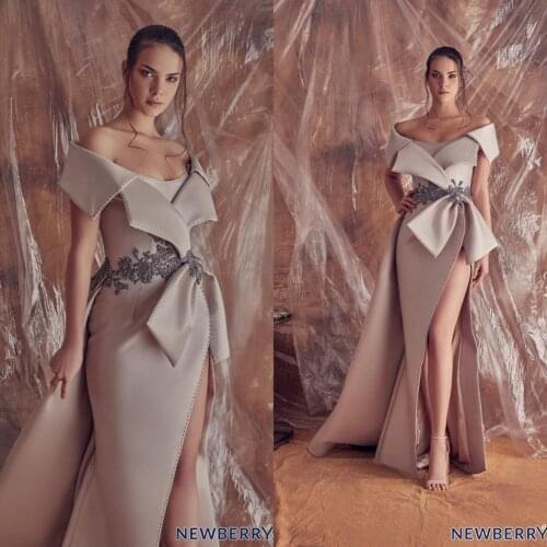 Sexy High Split Evening Dresses Off The Shoulder Satin Appliques Elegant Prom Dress With Detachable Train Robe De Soiree