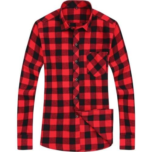 Mens Casual Long-sleeved Shirts Black Red Plaid Mens Flannel Shirt Slim Fit Soft Comfortable Spring Male Shirt Brand