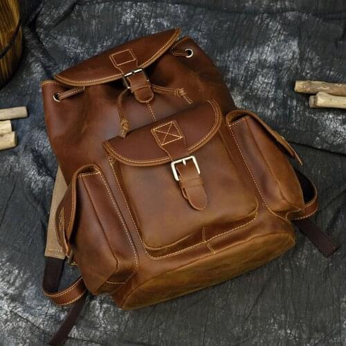 Men Women Unisex Bapacks Cow Leather School Bag Durable Mens Crazy Horse Leather Backpacks Vintage Genuine Leather Laptop