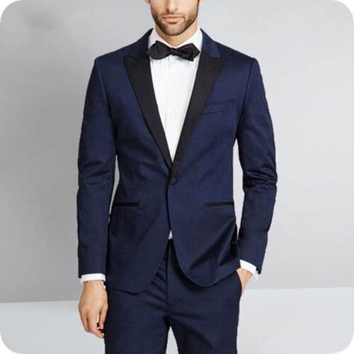 Navy Blue Mens Classic Suit for Wedding Black Peaked Lapel Vintage Groom Tuxedos Slim Fit Terno Masculino 2Pieces Costume Homme