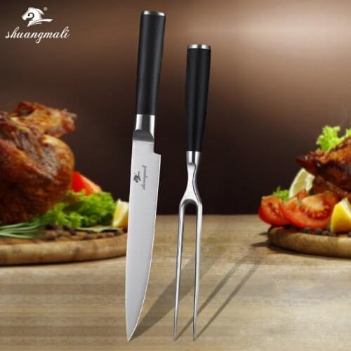 Shuangmali 2PCS Barbecue Carving Fork For Meat 5Cr15Mov Stainless Steel Kitchen Roast Carving Fork And Knife Set With Gift Box