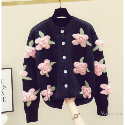 Womens Three-Dimensional Flower Embroidered Sweater 2020 Autumn Winter New Loose Vintage Handmade Crochet Knitted Cardigan Coat