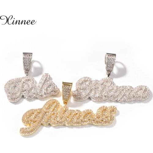 Custom Brush Cursive Letter Pendant Name Necklace Baguettes Chain Micro Paved CZ Personalized Hiphop Jewelry