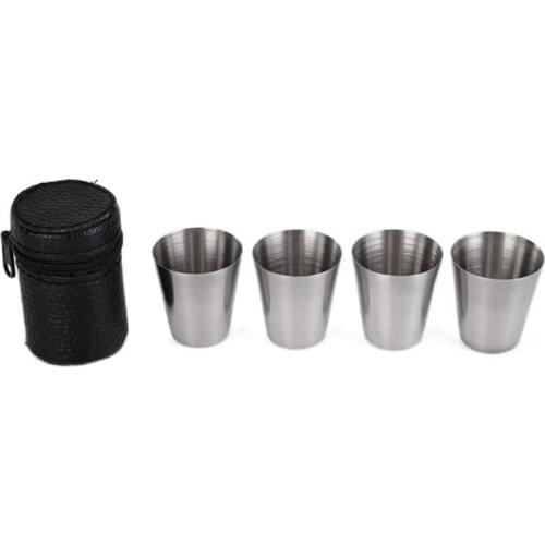 4pcs 70/160ml Outdoor Camping Tableware Travel Cups Stainless Steel Beer Wine Cup Drinking Whiskey Mugs PU Leather Bag 1set