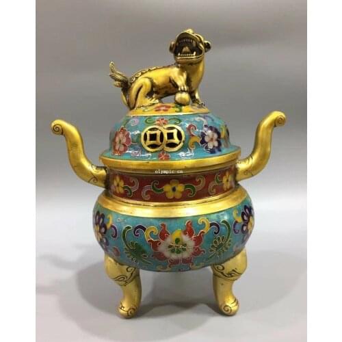 9'' bronze copper gold cloisonne enamel flower foo dog lion incense burner