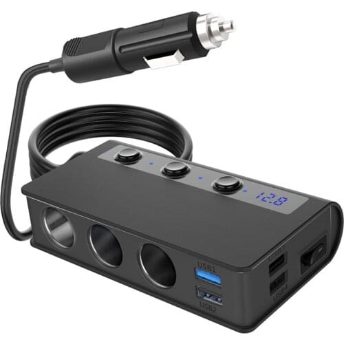 Quick Charge 3.0 Cigarette Lighter Splitter 12V/24V 3-Socket 180W ON-OFF DC Power Car Splitter with 4-Port USB Car Charger