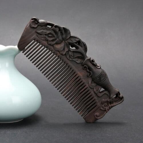 Ebony Comb Handle Double-sided Carved Fine-tooth Whole Wood Comb Antique Gift Massage Smooth Hair Anti-static