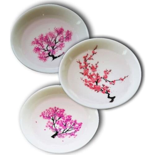 Collectible Ceramic Plate Cup Sacuer Hot Cold Drinks Pouring On Dish Blooming Peach Cherry Plum Tree Pattern Artwork Collection
