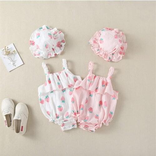 Summer Cute Lovely Baby Girls Strawberry Printed Infant Toddler Rompers with Cap Hat Clothes set Cute Child Clothes Set Jumpsuit